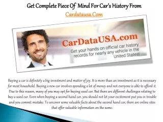 Get Complete Piece Of  Mind For Car’s History From Cardatausa.Com