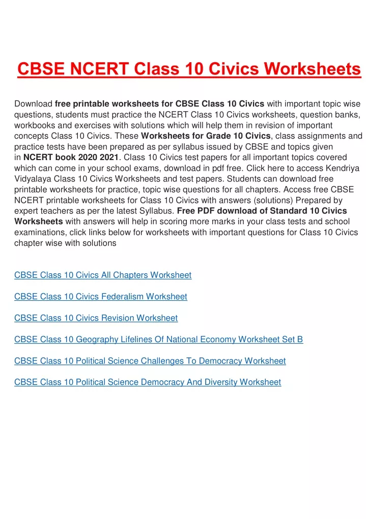 cbse ncert class 10 civics worksheets
