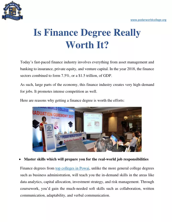 www podarworldcollege org is finance degree