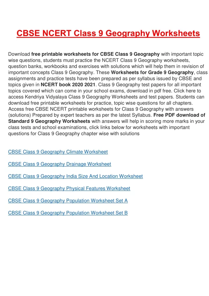 cbse ncert class 9 geography worksheets