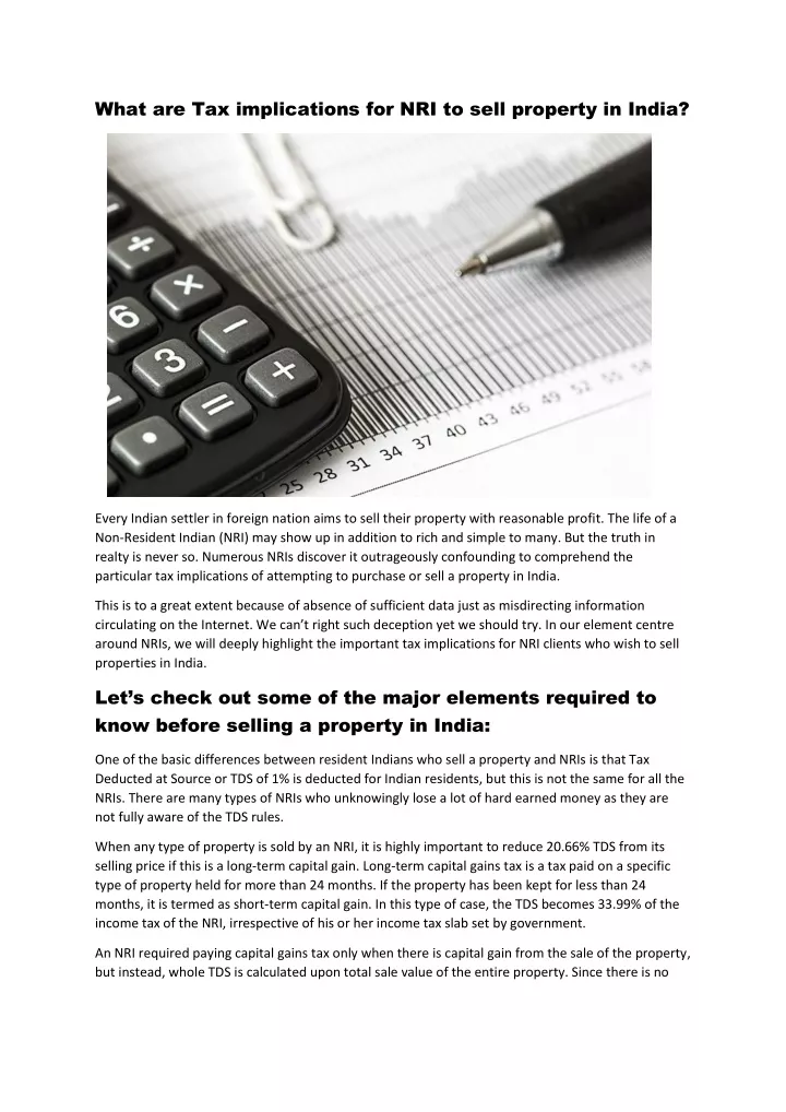 what are tax implications for nri to sell