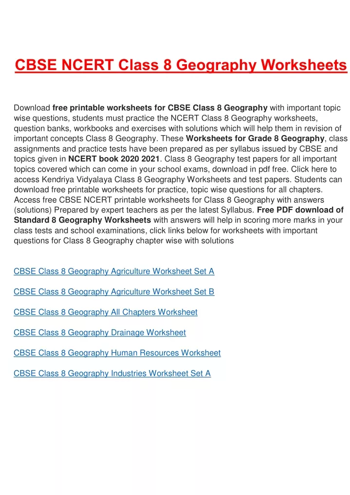 cbse ncert class 8 geography worksheets