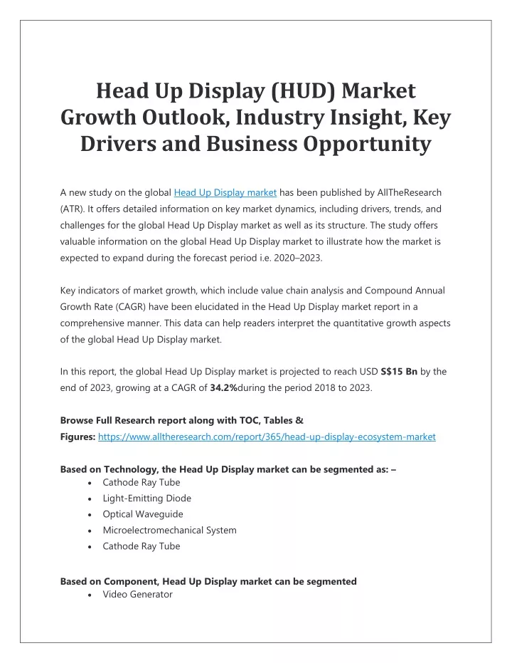 head up display hud market growth outlook