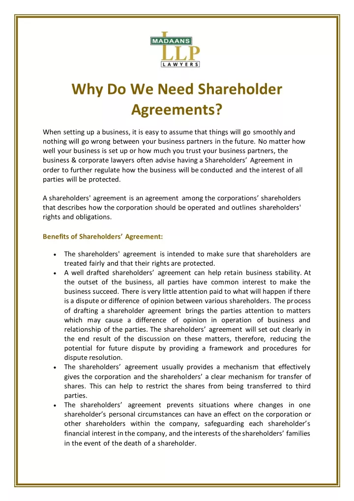 why do we need shareholder agreements