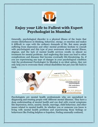 Enjoy your Life to Fullest with Expert Psychologist in Mumbai