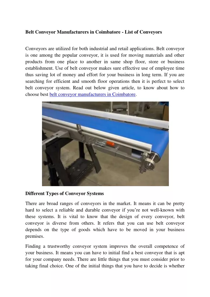 belt conveyor manufacturers in coimbatore list