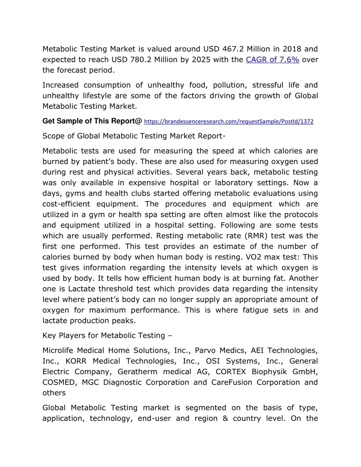 metabolic testing market is valued around