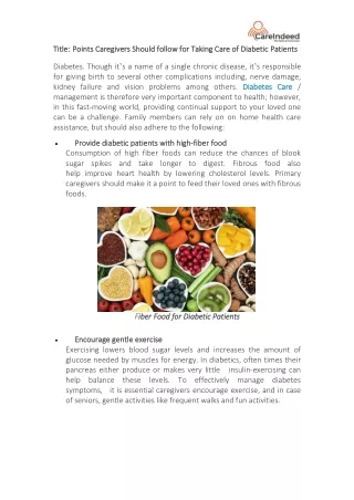 Points Caregivers Should follow for Taking Care of Diabetic Patients