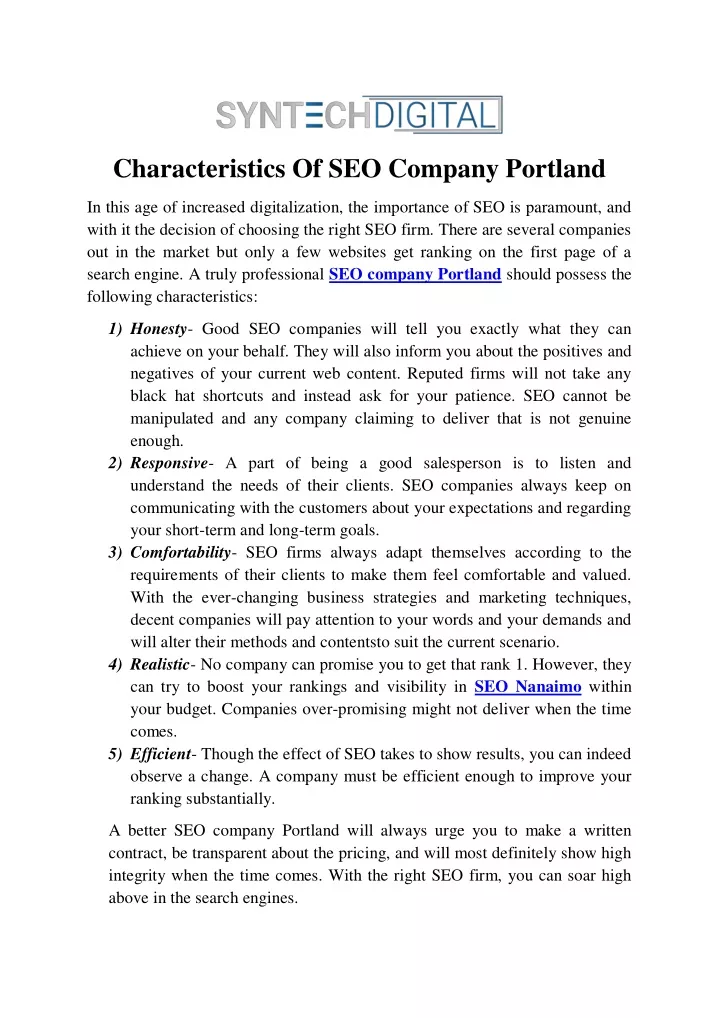 characteristics of seo company portland