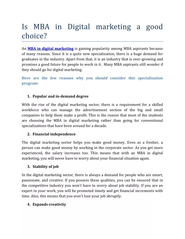 is mba in digital marketing a good choice