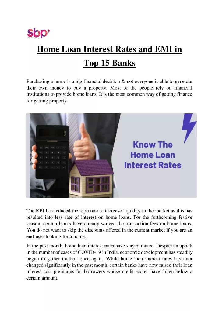 home loan interest rates and emi in top 15 banks