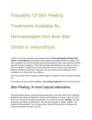 Popularity of Skin Peeling Treatments Available by Dermatologists and Best Skin Doctor in Vasundhara