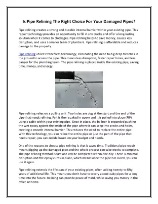 is pipe relining the right choice for your