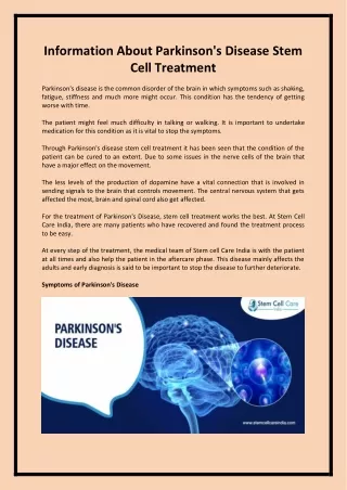 Information About Parkinson's Disease Stem Cell Treatment