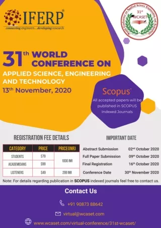 31st World Conference on Applied Science, Engineering and Technology