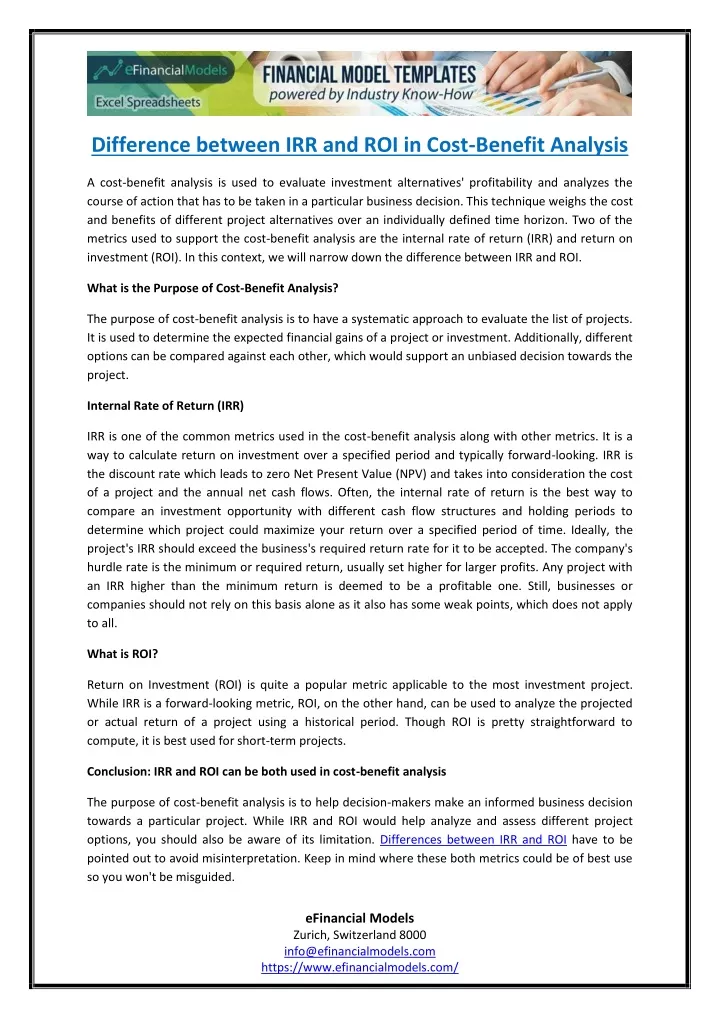 difference between irr and roi in cost benefit