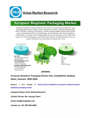 European Bioplastic Packaging Market Size, Competitive Analysis, Share, Forecast- 2020-2026