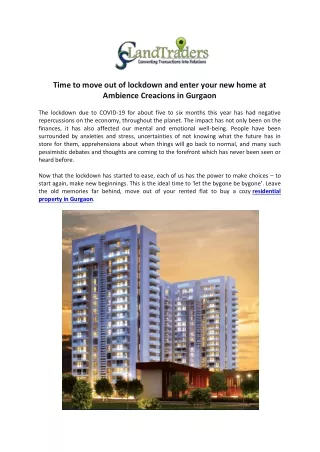 Time to move out of lockdown and enter your new home at Ambience Creacions in Gurgaon