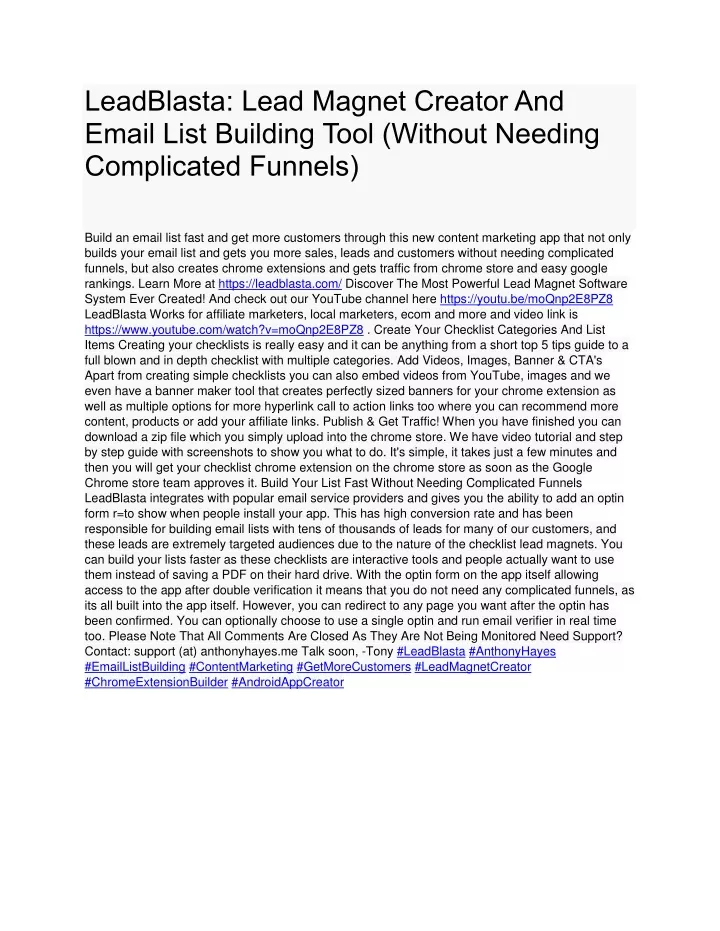 leadblasta lead magnet creator and email list