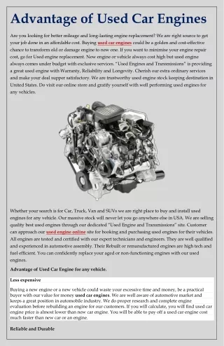 Advantage of Used Car Engines