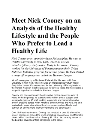 Nick Cooney on an Analysis of the Healthy Lifestyle and the People Who Prefer to Lead a Healthy Life