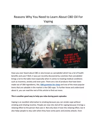 Reasons Why You Need to Learn About CBD Oil For Vaping