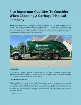 Five Important Qualities To Consider When Choosing A Garbage Disposal Company