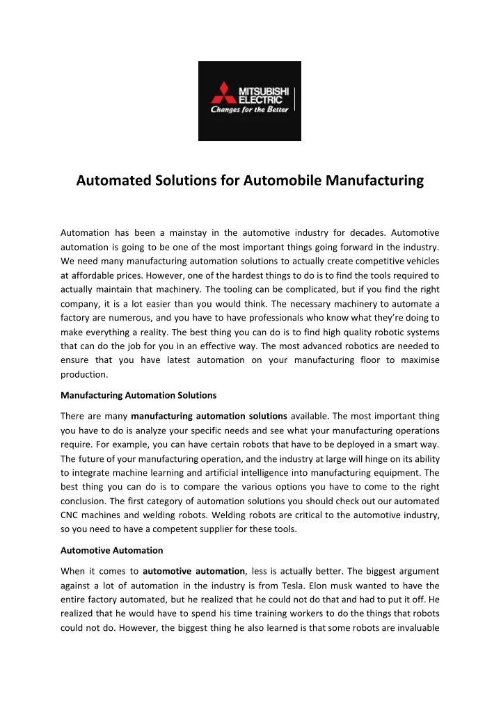 automated solutions for automobile manufacturing