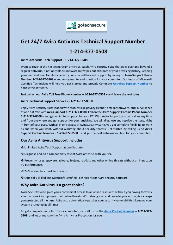 get 24 7 avira antivirus technical support number