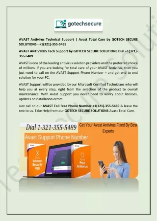 Dial AVAST ANTIVIRUS PHONE NUMBER 1-321-355-5489 by GOTECH SECURE SOLUTIONS