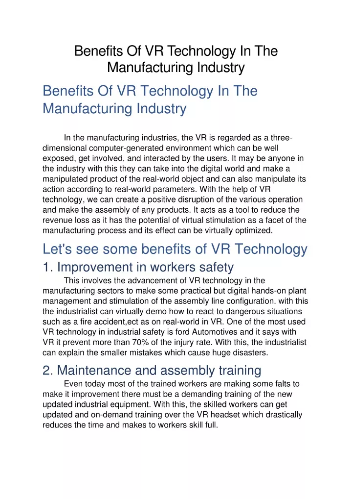 benefits of vr technology in the manufacturing