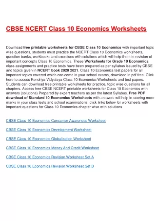 cbse ncert class 10 economics worksheets