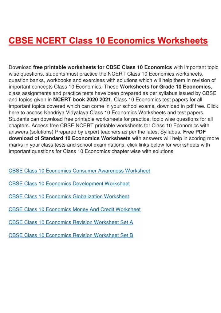 cbse ncert class 10 economics worksheets