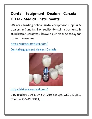 Dental Equipment Dealers Canada | HiTeck Medical Instruments