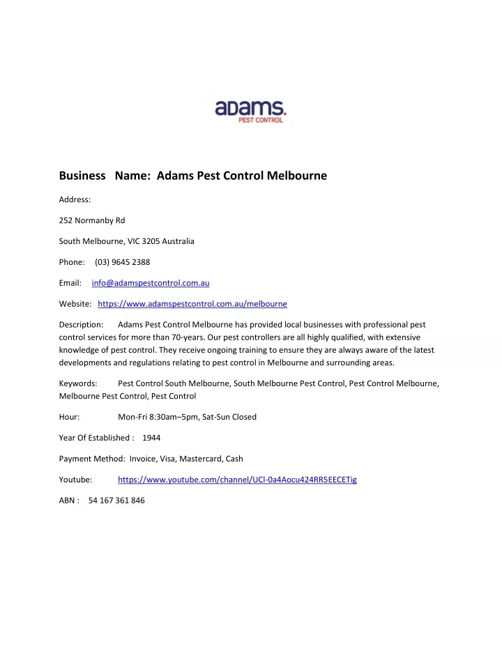 business name adams pest control melbourne