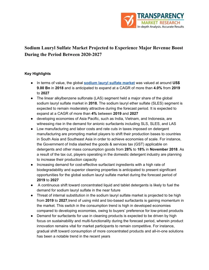 sodium lauryl sulfate market projected