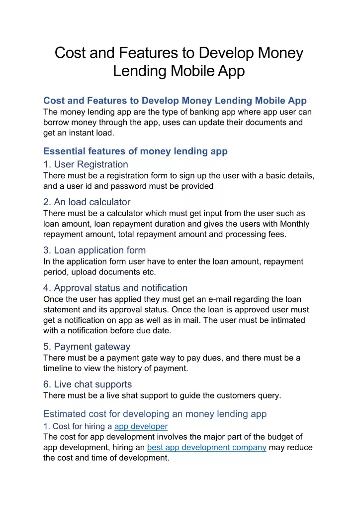 cost and features to develop money lending mobile