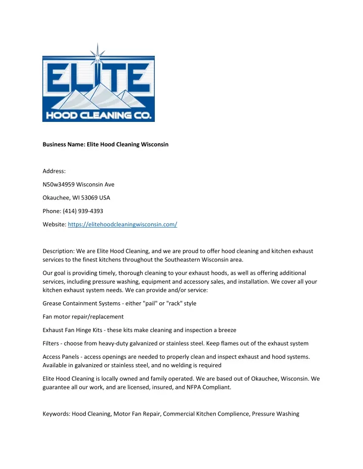 business name elite hood cleaning wisconsin