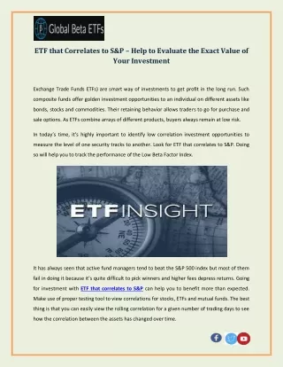 ETF that Correlates to S&P – Help to Evaluate the Exact Value of Your Investment
