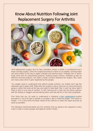 Know about nutrition following joint replacement surgery for arthritis
