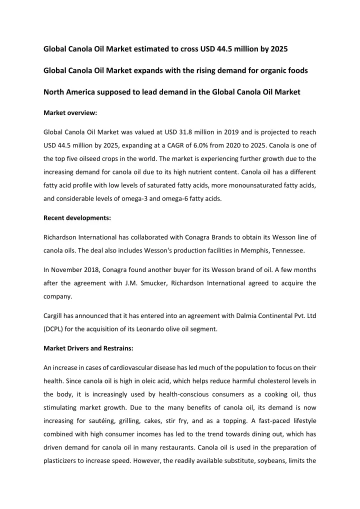 global canola oil market estimated to cross