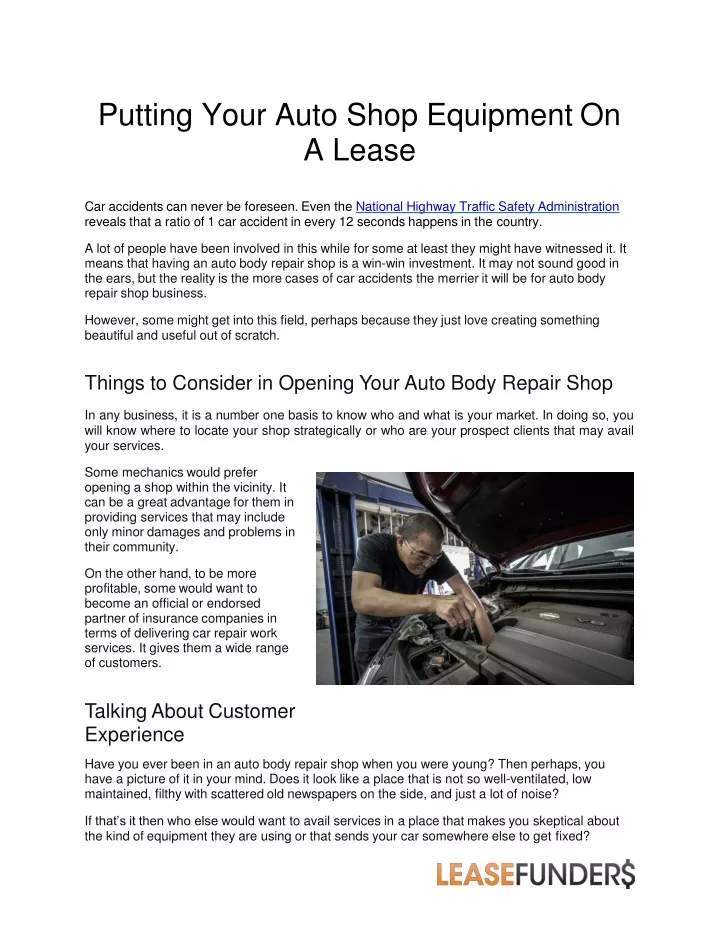 putting your auto shop equipment on a lease