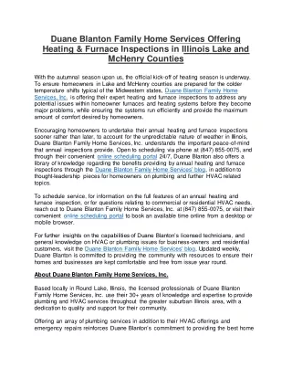 Duane Blanton Family Home Services Offering Heating & Furnace Inspections in Illinois Lake and McHenry Counties