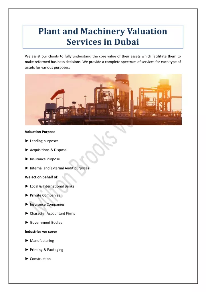 plant and machinery valuation services in dubai
