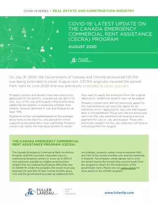 COVID-19: LATEST UPDATE ON THE CANADA EMERGENCY COMMERCIAL RENT ASSISTANCE (CECRA) PROGRAM