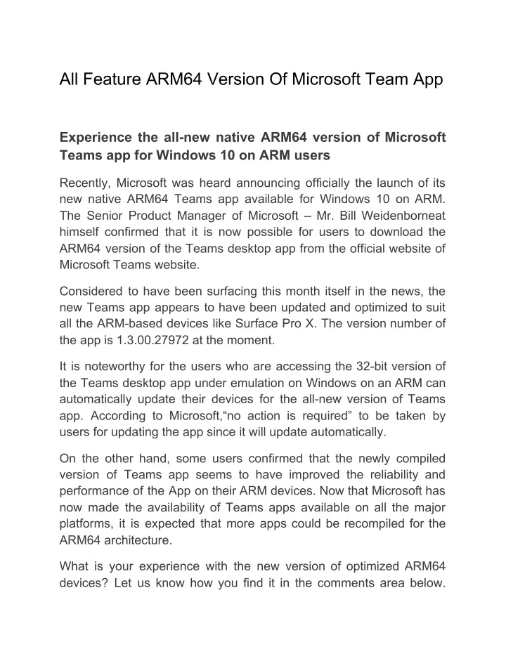 all feature arm64 version of microsoft team app