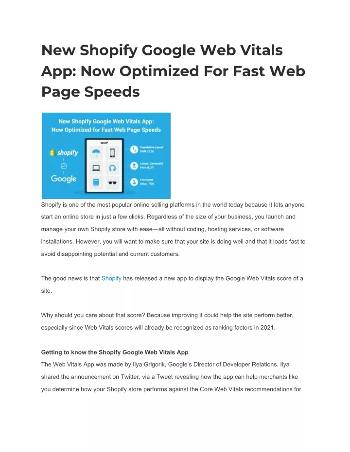 new shopify google web vitals app now optimized
