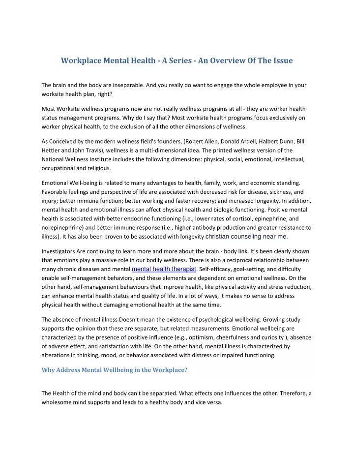 workplace mental health a series an overview