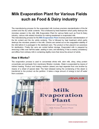 Milk Evaporation Plant for Various Fields such as Food & Dairy industry
