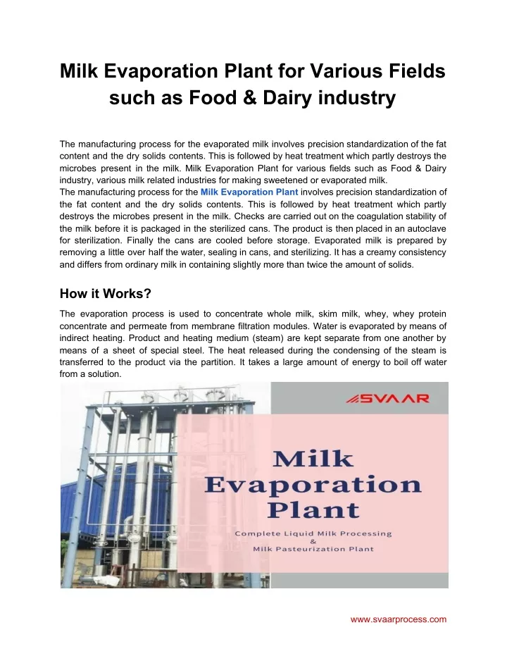 milk evaporation plant for various fields such